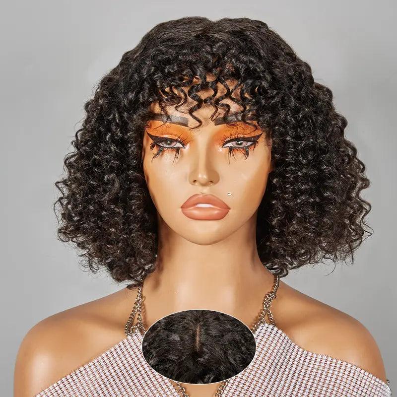 Glueless Bob Wig With Bouncy Bangs Water Curly Textured Human Hair