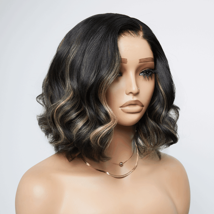Trendy Glueless Black With Blonde Highlights Color 7x4 Bob Wavy Wig