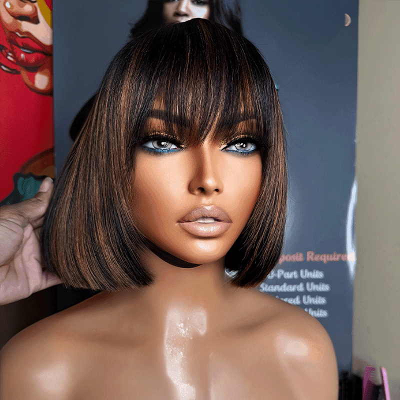 For Beginners Glueless Bob Human Hair Wig With Brown Highlights And Straight Bangs