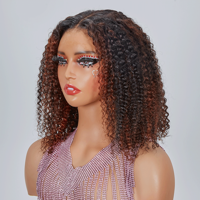 9x6 Glueless Brown Highlight Kinky Curly Bob Glueless Wig