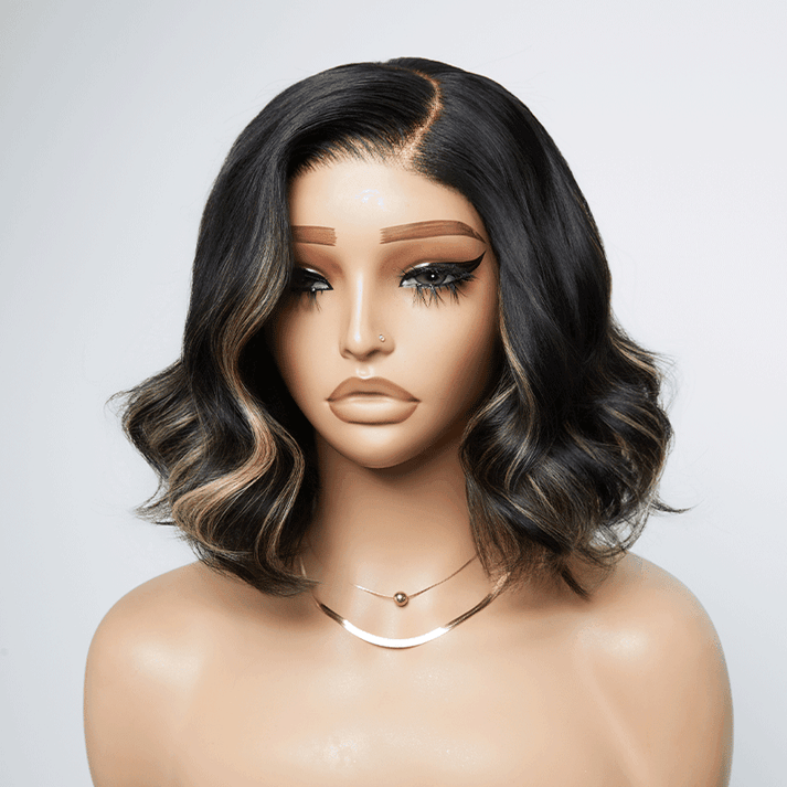 Trendy Glueless Black With Blonde Highlights Color 7x4 Bob Wavy Wig