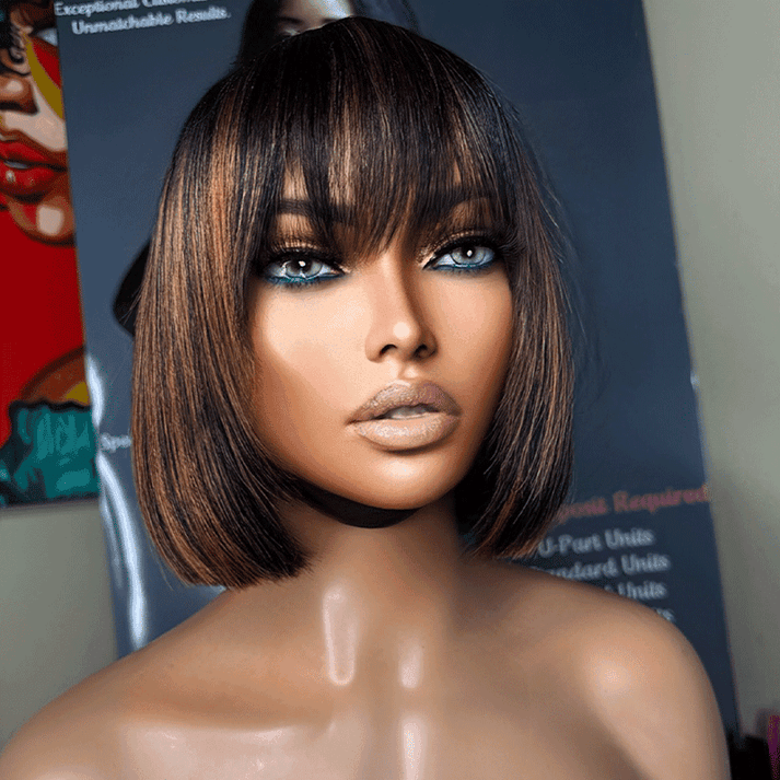 For Beginners Glueless Bob Human Hair Wig With Brown Highlights And Straight Bangs