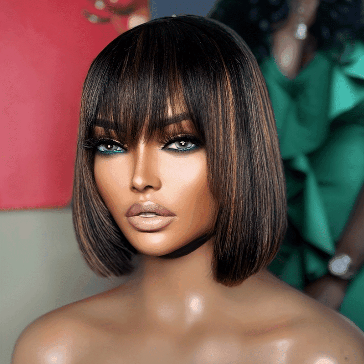 For Beginners Glueless Bob Human Hair Wig With Brown Highlights And Straight Bangs