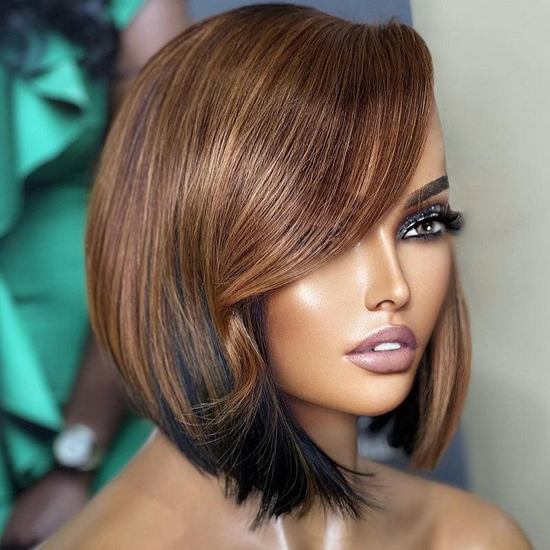 13x4 Ombre Brown Colored Bob Lace Frontal Wig Human Hair Brazilian Straight - SHINE HAIR WIG