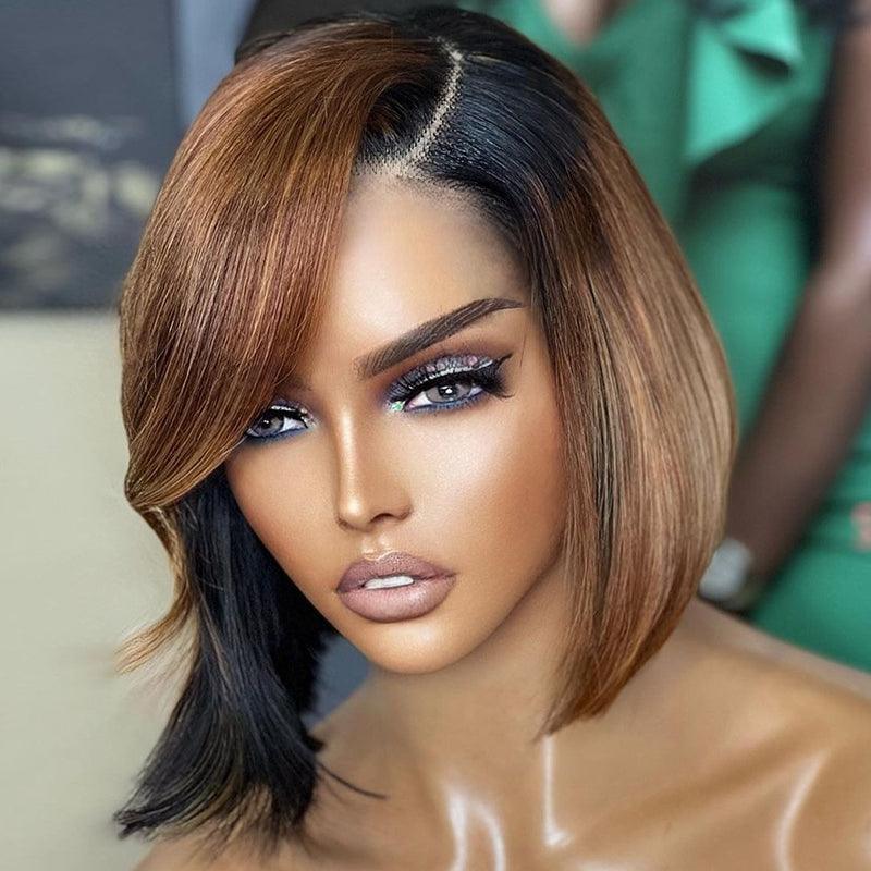 13x4 Ombre Brown Colored Bob Lace Frontal Wig Human Hair Brazilian Straight - SHINE HAIR WIG