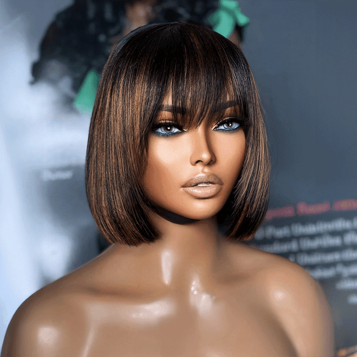 For Beginners Glueless Bob Human Hair Wig With Brown Highlights And Straight Bangs
