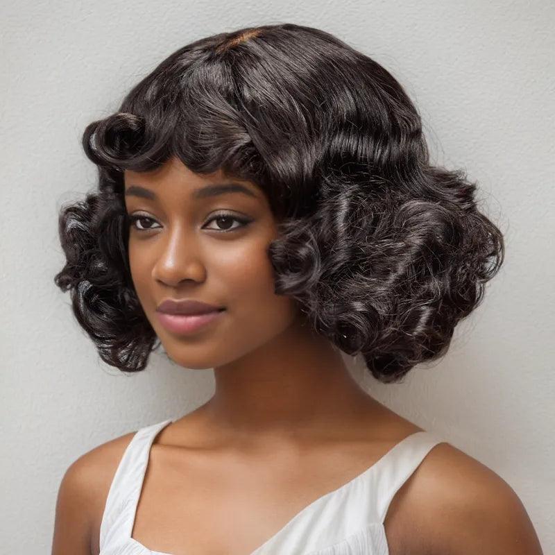 Glueless Fake Scalp Bob Wig Rose Curly 3s Wear Go Human Hair