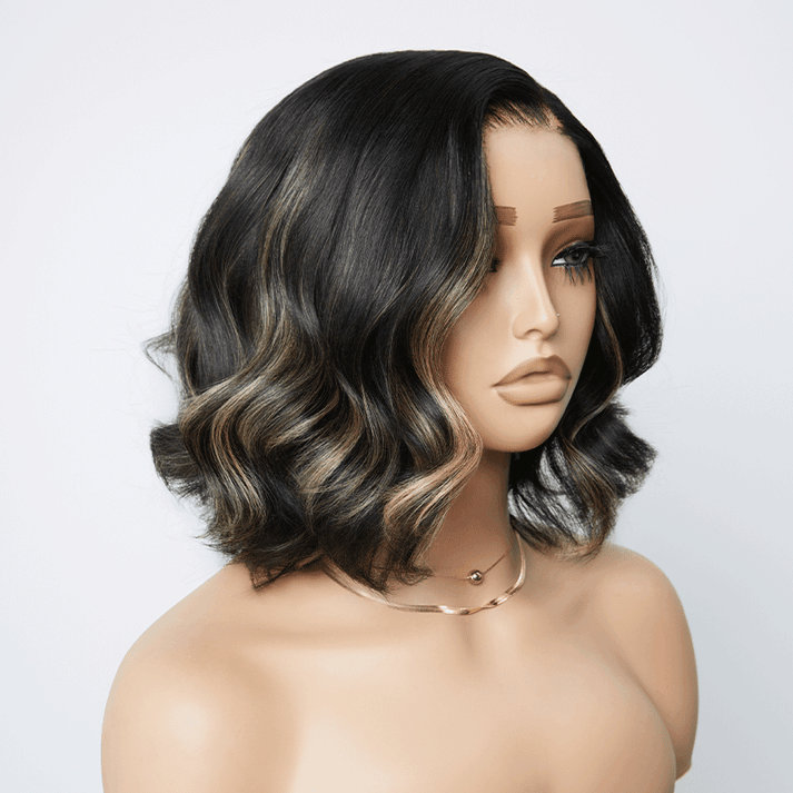 Trendy Glueless Black With Blonde Highlights Color 7x4 Bob Wavy Wig