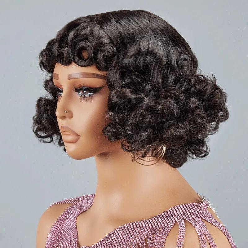 Glueless Fake Scalp Bob Wig Rose Curly 3s Wear Go Human Hair