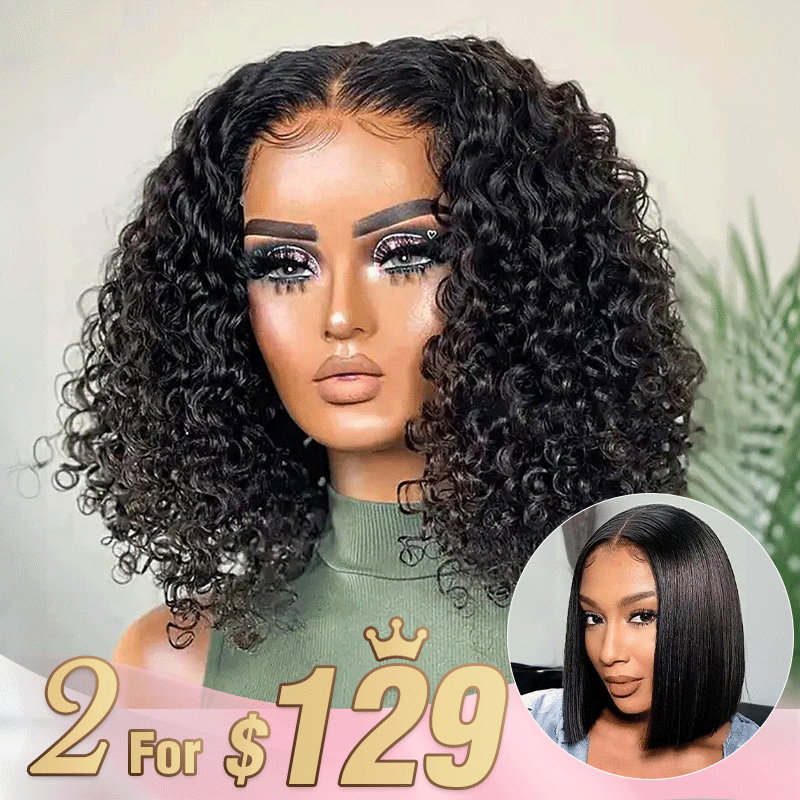 2 𝑭𝑶𝑹 $129🔥10"Glueless Bob 4×4 Curly Wig+8" Blunt Cut Silky Straight 2x6 Lace Wig