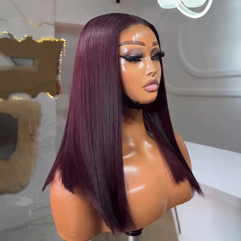 Silky Glueless Dark Purple Color 5x5 Bleached Knots Bob Wig Straight Human Hair