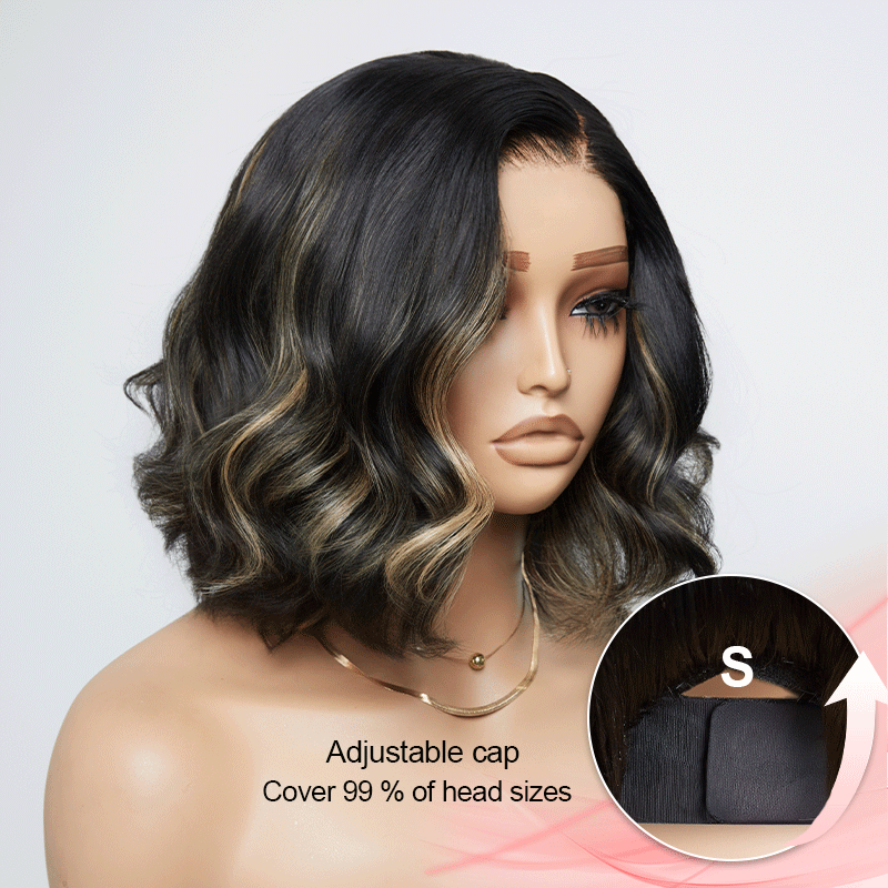 Trendy Glueless Black With Blonde Highlights Color 7x4 Bob Wavy Wig