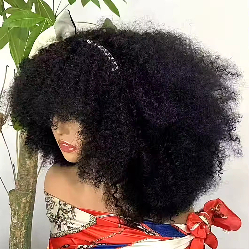 Glueless Brazilian Style Afro Kinky Curly Bob Wig With Bangs 350% Density