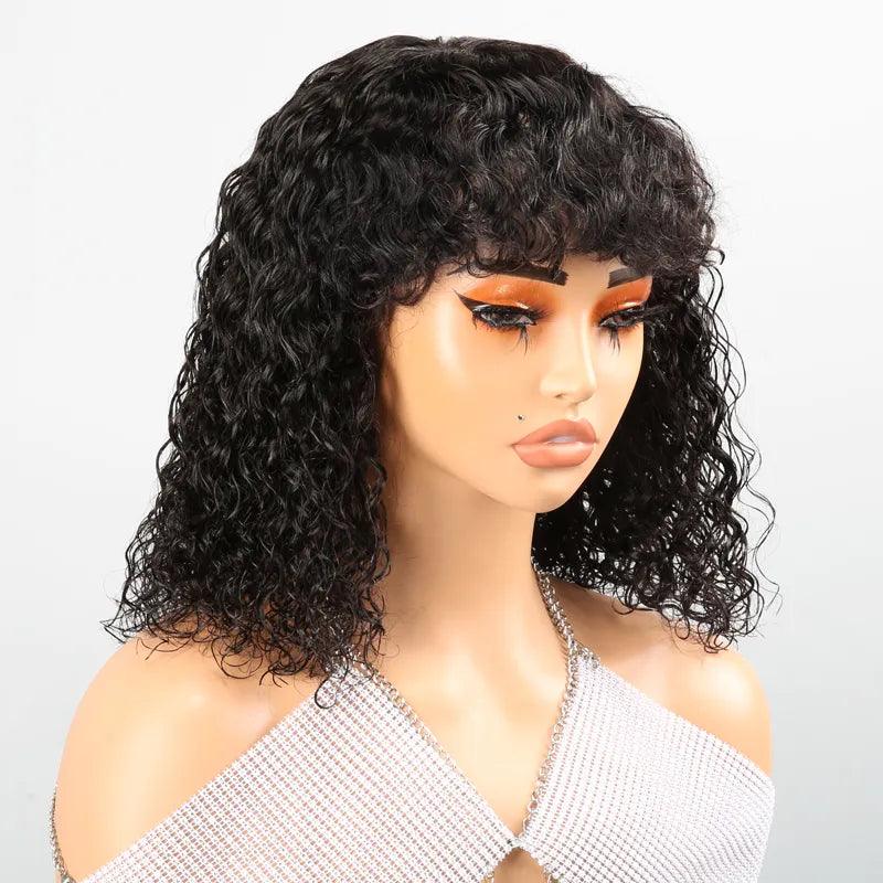 Voluminous Glueless Bob Curly Wave With Bangs Wig 3s Wear Go Human Hair