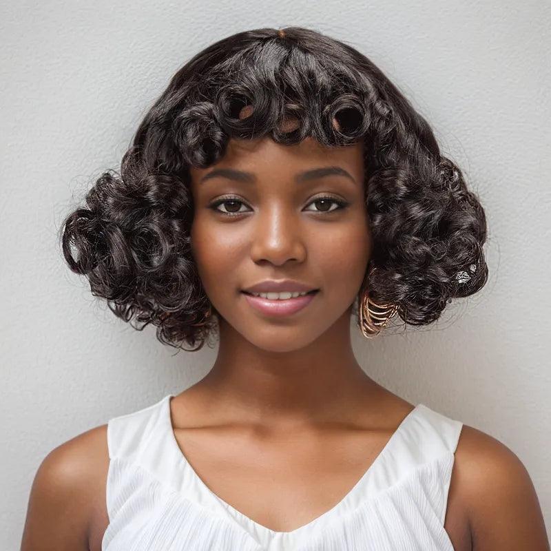 Glueless Fake Scalp Bob Wig Rose Curly 3s Wear Go Human Hair