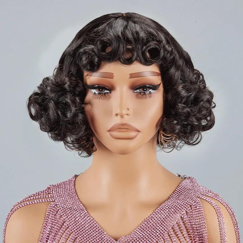 Glueless Fake Scalp Bob Wig Rose Curly 3s Wear Go Human Hair