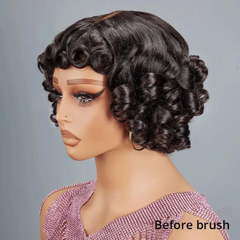 Glueless Fake Scalp Bob Wig Rose Curly 3s Wear Go Human Hair