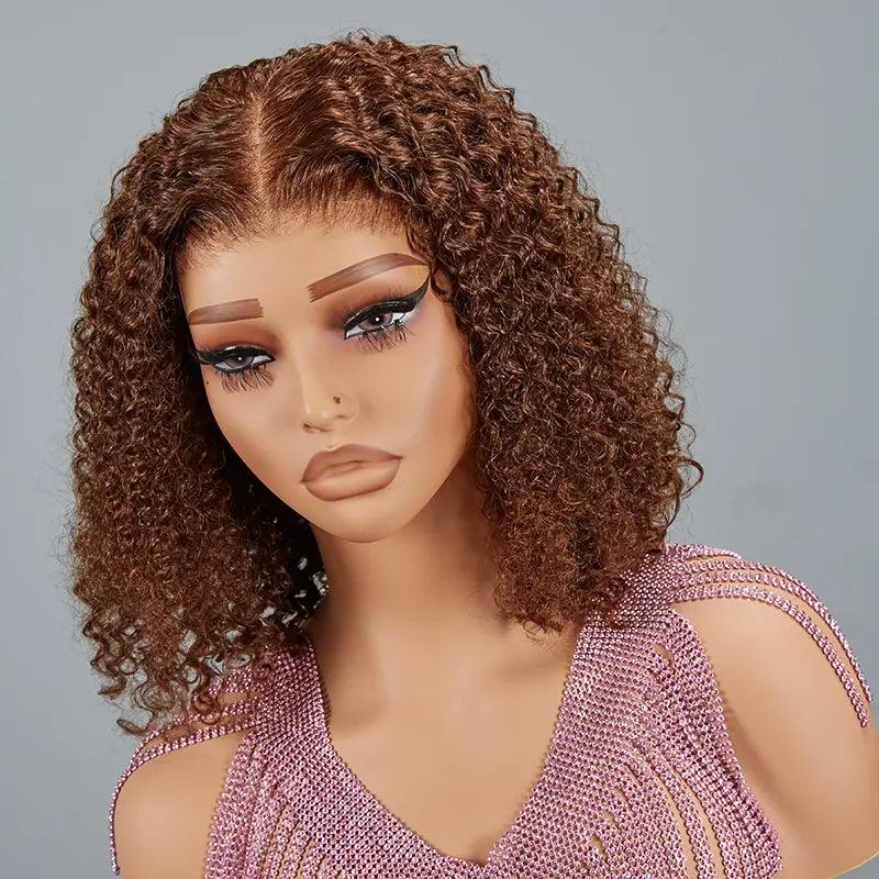 7x5 13x4 Glueless Chocolate Brown Bob Kinky Curly Wig Human Hair