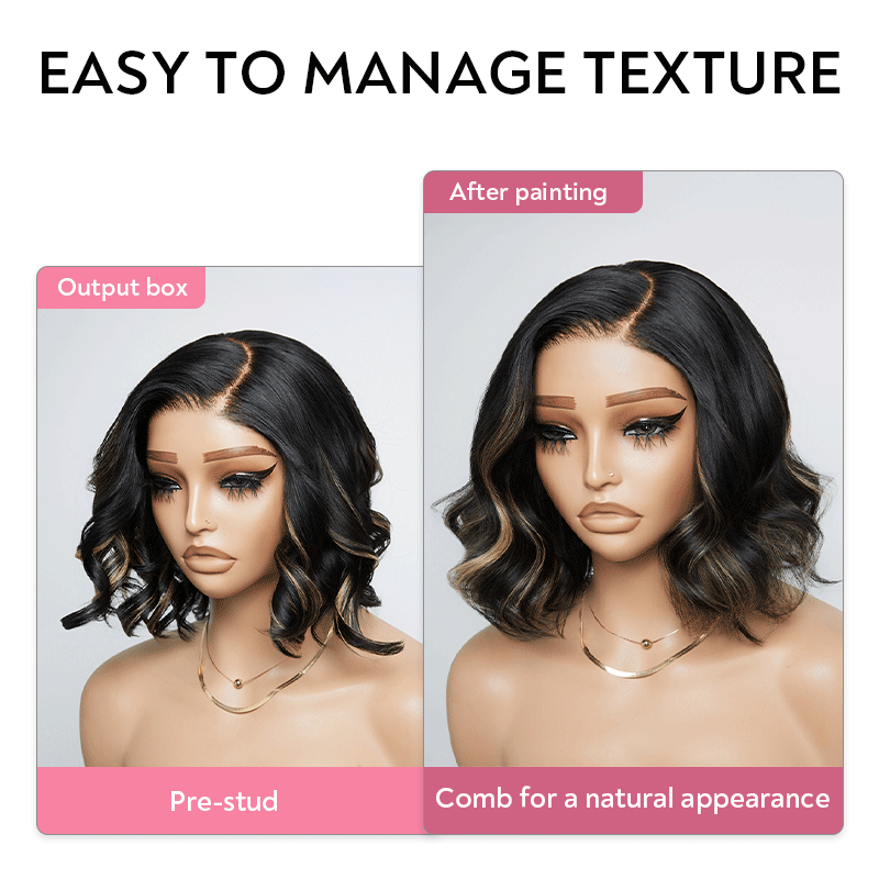 Trendy Glueless Black With Blonde Highlights Color 7x4 Bob Wavy Wig