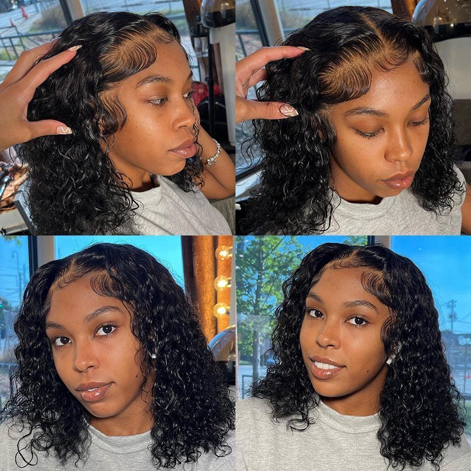 4x4/13x4 Lace Wig Short Curly Bob Wigs Human Hair Brazilian Deep Wave Middle Part - SHINE HAIR WIG