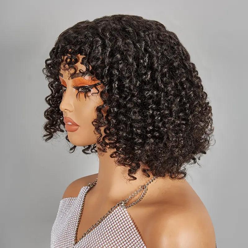Glueless Bob Wig With Bouncy Bangs Water Curly Textured Human Hair