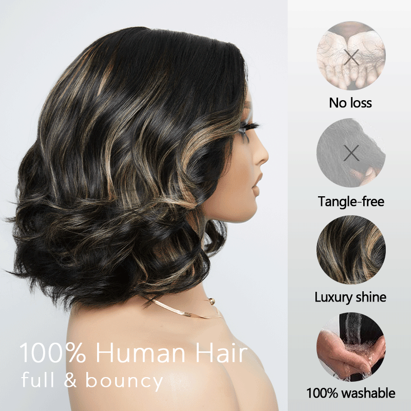 Trendy Glueless Black With Blonde Highlights Color 7x4 Bob Wavy Wig