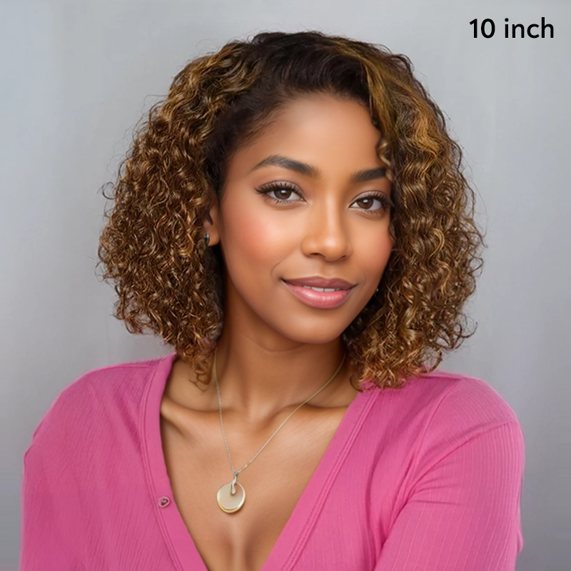 Perfect Volume Elasticity Glueless 4x4 Bob Highlights Ombre Brown/Black Color Curly Wig