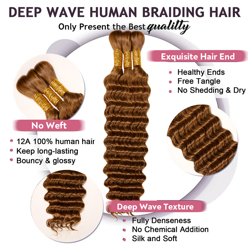 Extension Bulk Hair For Bohemian Braiding Medium Brown Color Deep Curly Human Hair