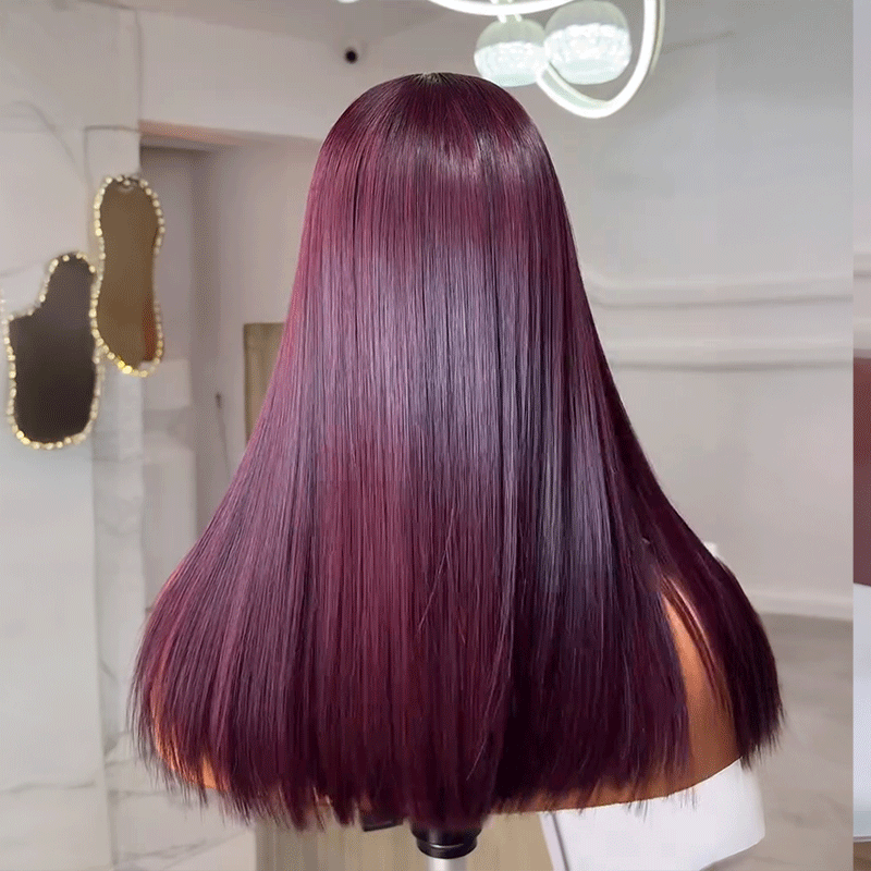 Silky Glueless Dark Purple Color 5x5 Bleached Knots Bob Wig Straight Human Hair