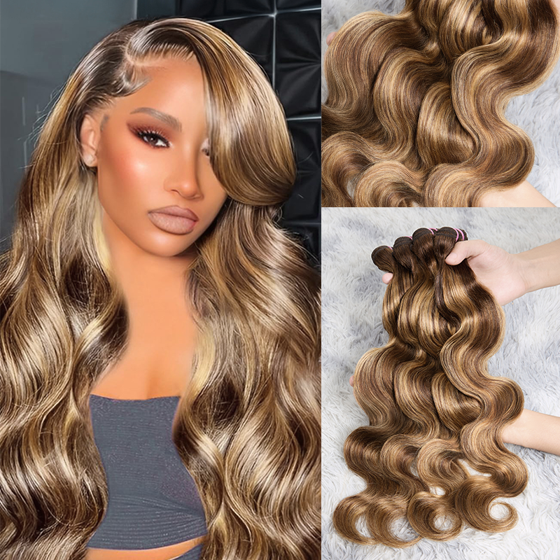 4-27 Highlight Body Wave Bundles Virgin Brazilian Human Hair Extensions
