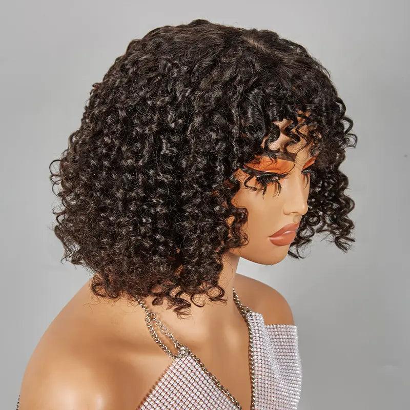 Glueless Bob Wig With Bouncy Bangs Water Curly Textured Human Hair