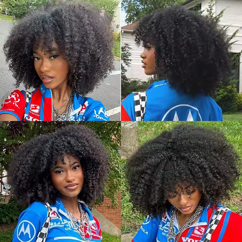 Glueless Brazilian Style Afro Kinky Curly Bob Wig With Bangs 350% Density