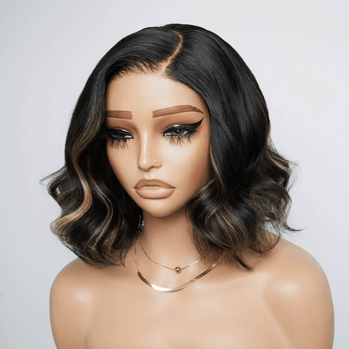Trendy Glueless Black With Blonde Highlights Color 7x4 Bob Wavy Wig
