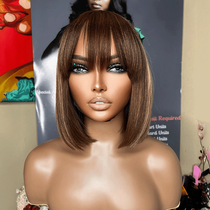 Elegant For Beginners Glueless Highlight Bob Wig With Bangs Straight Human Hair
