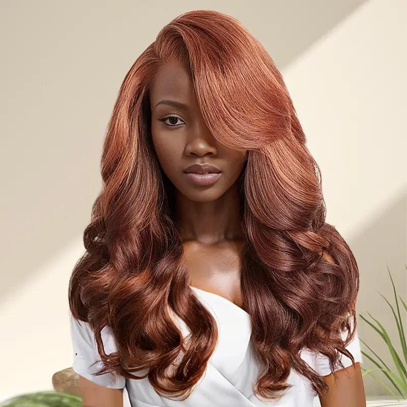 7x5 13x4 C Part Glueless Copper Brown Layered Wear Go Wavy Human Hair Frontal Wig - SHINE HAIR WIG