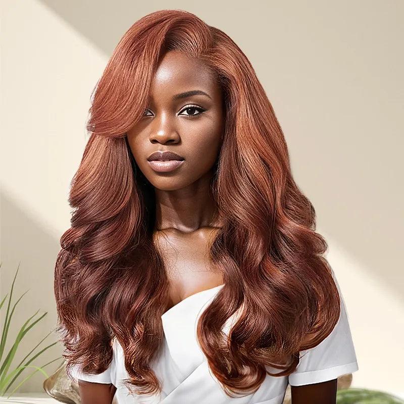 7x5 13x4 C Part Glueless Copper Brown Layered Wear Go Wavy Human Hair Frontal Wig - SHINE HAIR WIG