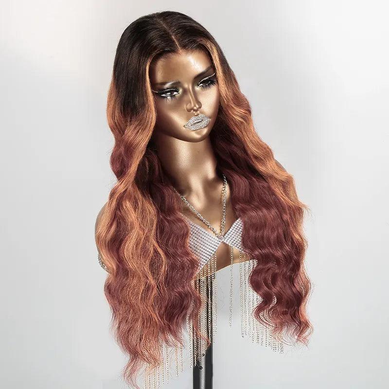 7x5 13x4 Glueless Gradient Reddish Brown Human Hair Body Wave Frontal Wig - SHINE HAIR WIG