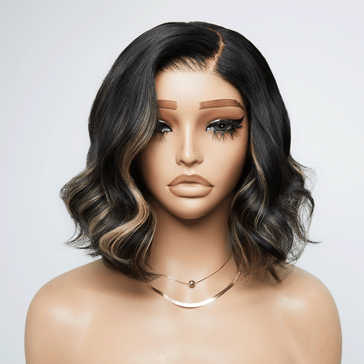 Trendy Glueless Black With Blonde Highlights Color 7x4 Bob Wavy Wig