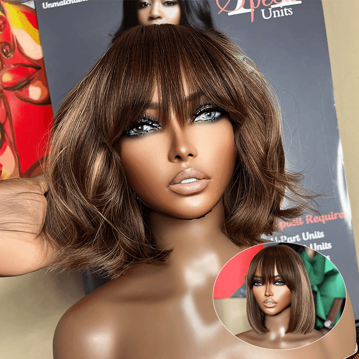 Elegant For Beginners Glueless Highlight Bob Wig With Bangs Straight Human Hair