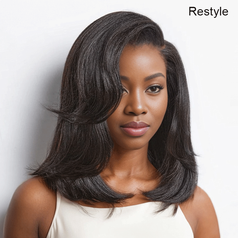 black woman wear 9x6 Glueless Layered Yaki Straight Bob Wig Wear Go For Beginners