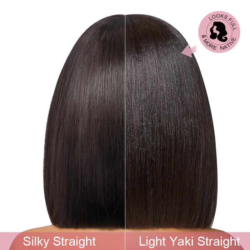 black woman wear 9x6 Glueless Layered Yaki Straight Bob Wig Wear Go For Beginners