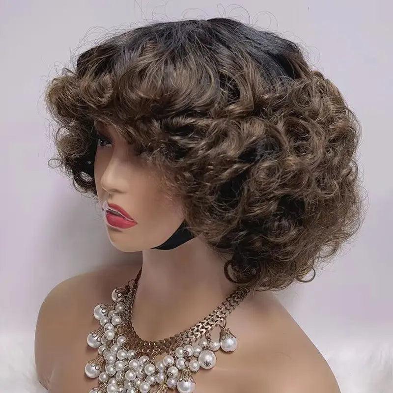 Fluffy Glueless Bouncy Curly Wig Wear Go Highlight Brown Bob Brazilian Human Hair - SHINE HAIR WIG