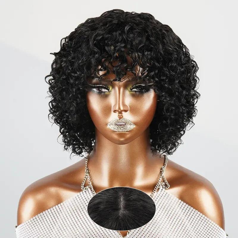 Glueless Natural Playful Curly Wave Short Bob Wig With Curly Bangs - SHINE HAIR WIG