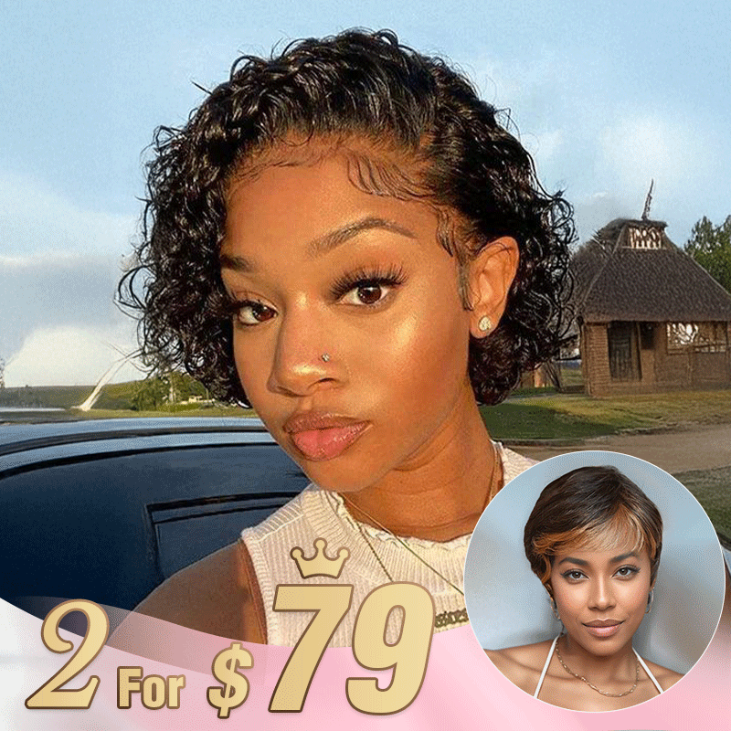 2 𝑭𝑶𝑹 $79🔥13×1 Lace Pixie Cut Curly Wig +Short Pixie Bob Human Hair Wig 200% Densité