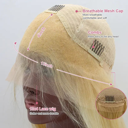 13x4 C Part Bob Brown Mix Blonde Lace Frontal Wig Straight Human Hair