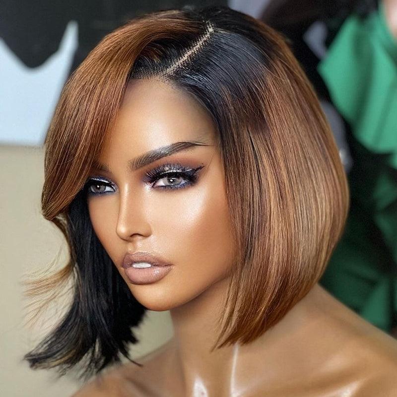 13x4 Ombre Brown Colored Bob Lace Frontal Wig Human Hair Brazilian Straight - SHINE HAIR WIG