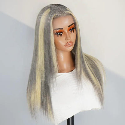 13x4 Shimmering Blonde&amp;Gray Mix Color Lace Frontal Human Hair Wig - SHINE HAIR WIG