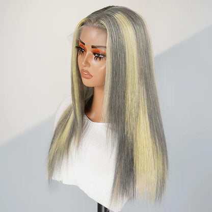 13x4 Shimmering Blonde&amp;Gray Mix Color Lace Frontal Human Hair Wig - SHINE HAIR WIG