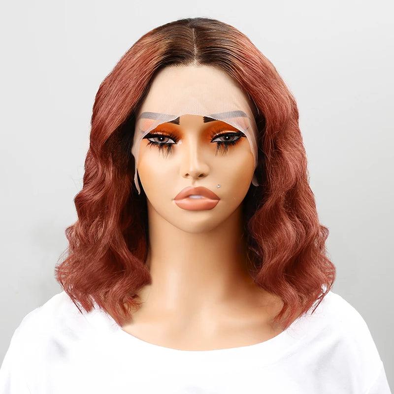 13x4 T-Shape Natural Wave Ombre Orange Bob Wig Lace Frontal Human Hair - SHINE HAIR WIG