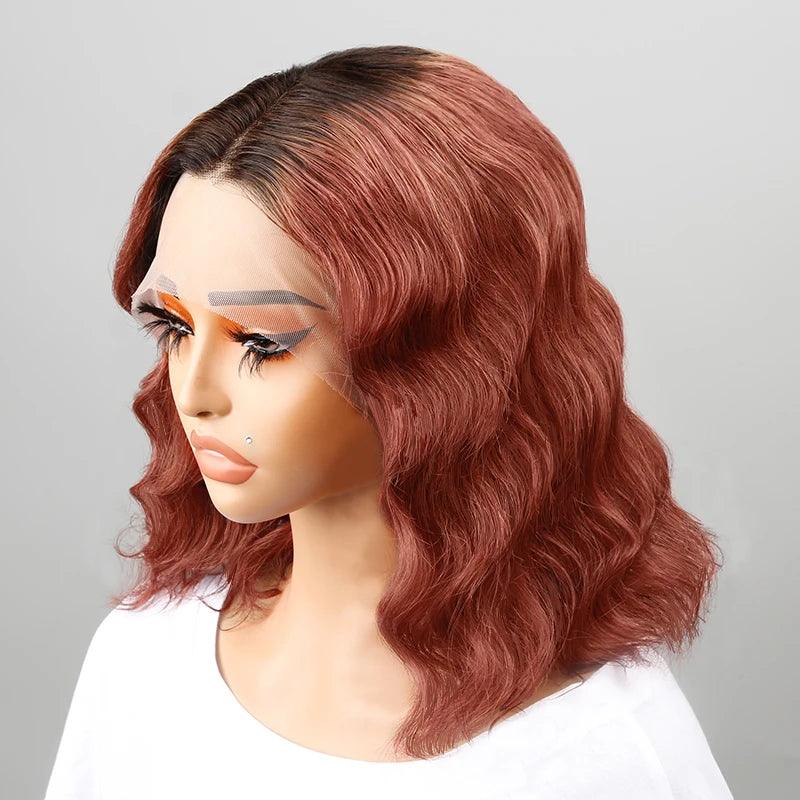 13x4 T-Shape Natural Wave Ombre Orange Bob Wig Lace Frontal Human Hair - SHINE HAIR WIG